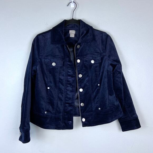 Chico's Velveteen Moto Jacket Navy Zip Button Down Collared Petite 1P 8/10 - Picture 3 of 11